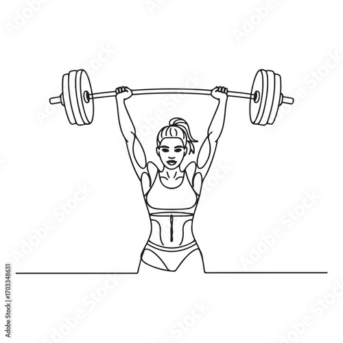 One single line Art drawing of fit young athlete muscular woman lifting barbells working out at a gym vector illustration. with white background