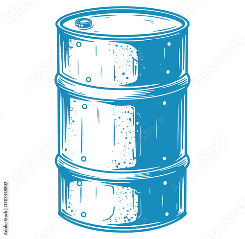 Blue cartoon illustration of an industrial oil barrel depicting a hazardous waste concept