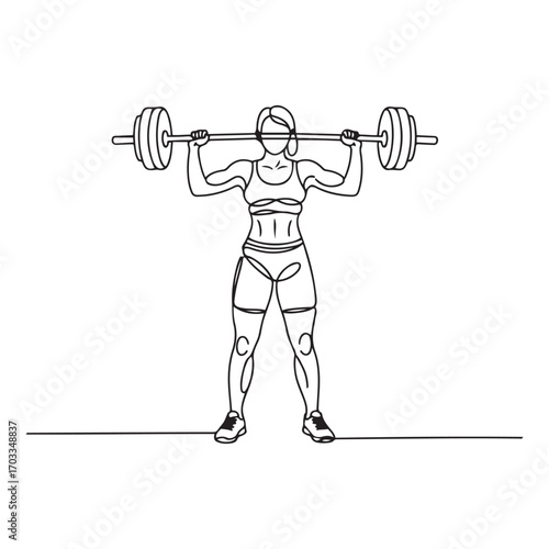 One single line Art drawing of fit young athlete muscular woman lifting barbells working out at a gym vector illustration. with white background