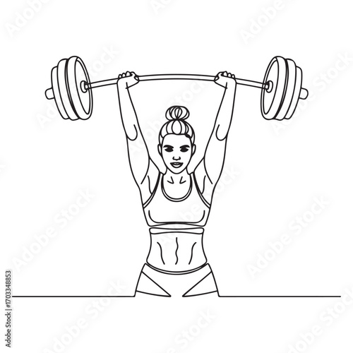 One single line Art drawing of fit young athlete muscular woman lifting barbells working out at a gym vector illustration. with white background