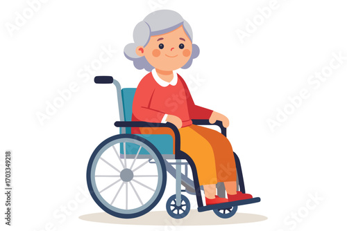 Smiling senior woman with gray hair sits in a blue wheelchair looking forward