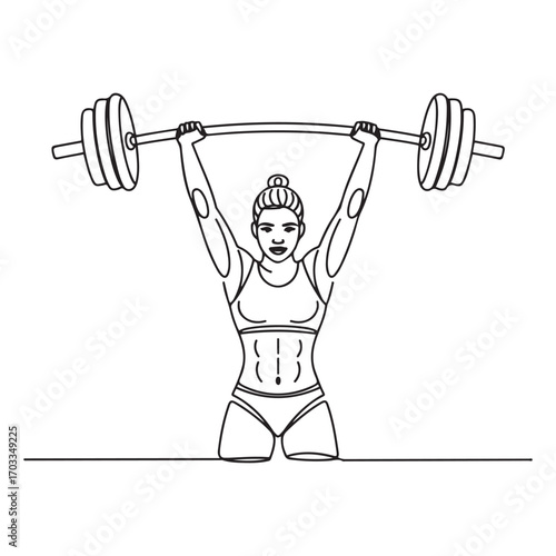 One single line Art drawing of fit young athlete muscular woman lifting barbells working out at a gym vector illustration. with white background