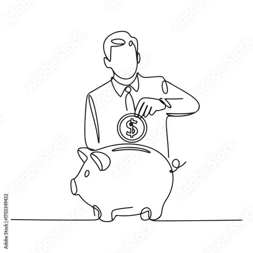 Single continuous line Art drawing businessman putting dollar coin into piggy bank. with white background
