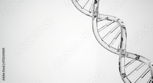 Futuristic glass DNA helix slightly tilted, floating on right side, bright white background, cinematic f/1.2 depth of field, elegant biotech concept, perfect for slides and wallpaper.
