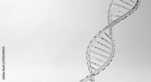 Futuristic glass DNA helix slightly tilted, floating on right side, bright white background, cinematic f/1.2 depth of field, elegant biotech concept, perfect for slides and wallpaper.