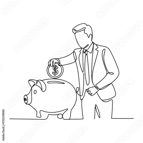 Single continuous line Art drawing businessman putting dollar coin into piggy bank. with white background