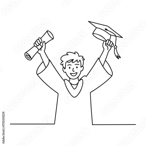 One single line Art drawing of young happy graduate college students lift up a graduation letter paper roll and cap. with white background