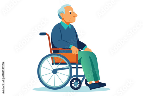 Elderly white haired man sits peacefully in an orange and blue wheelchair on white