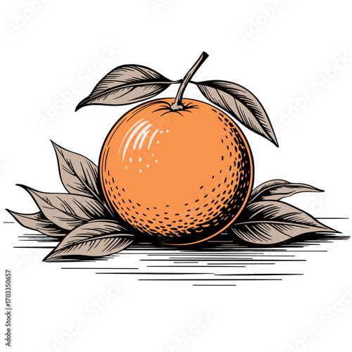 Vintage Line Art Orange Fruit with Leaves Illustration