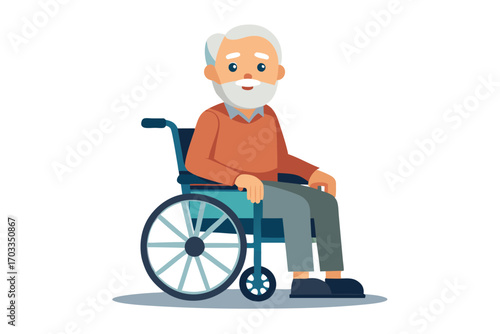 Senior man with white hair and beard sits in a blue wheelchair calmly