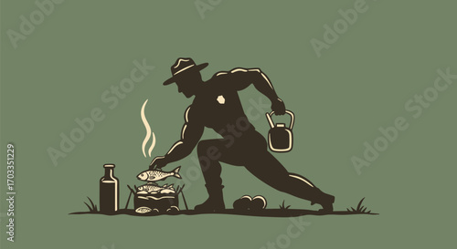 Silhouette of a Muscular Man Cooking Fish by a Campfire