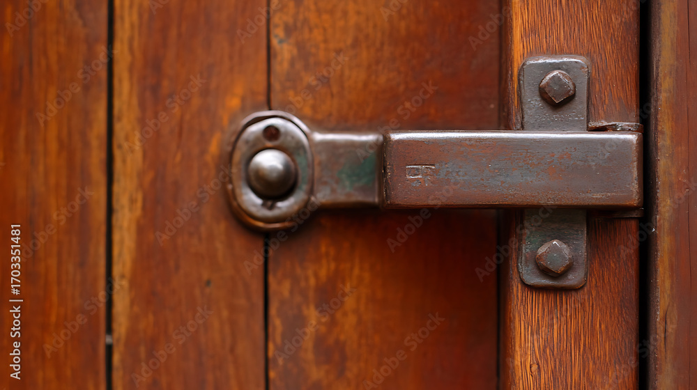 Fototapeta premium Close-up of a weathered, metallic latch securing a textured wooden door, showcasing aged hardware and warm wood tones in detailed view.