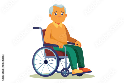 Smiling Caucasian senior man sits in his wheelchair with a calm demeanor