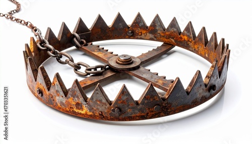Rusty bear trap with jagged teeth and chain, symbol of danger and entrapment.