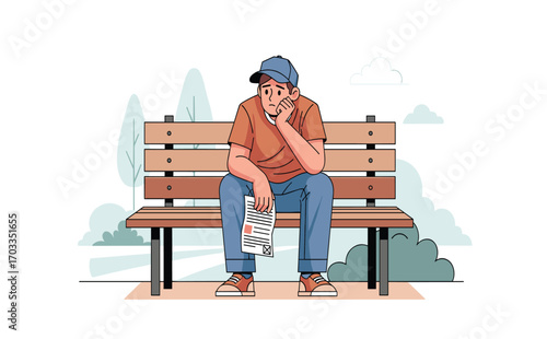 Young Man Sitting on Park Bench Contemplating Life and Future