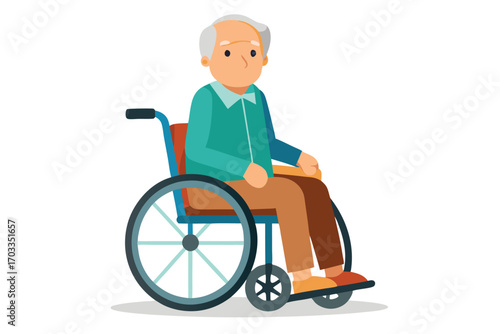 Elderly man with gray hair sits in a wheelchair wearing a turquoise jacket