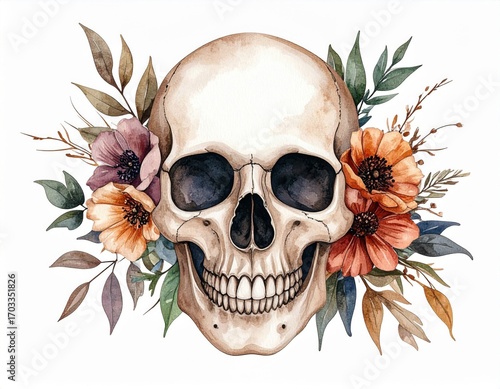 Fototapeta Naklejka Na Ścianę i Meble -  Watercolor Skull Surrounded by Colorful Flowers and Foliage on White Background