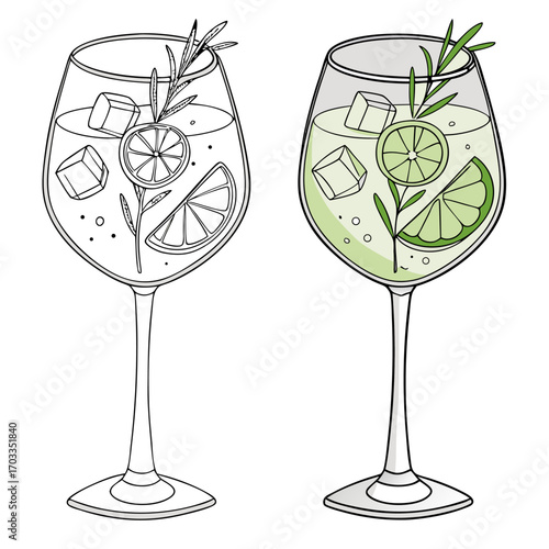 Gin alcoholic cocktail vector vintage watercolor style
