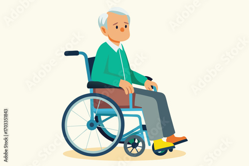 Senior man with gray hair sitting in wheelchair displays a thoughtful expression in illustration