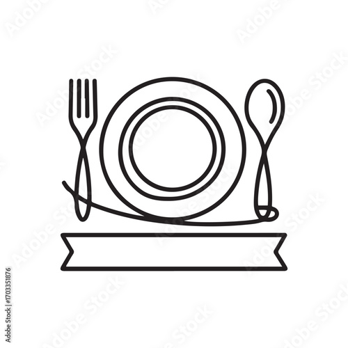 Single continuous line Art drawing stylized plate, fork and spoon for cafe logo label. Emblem elegant restaurant concept. with white background