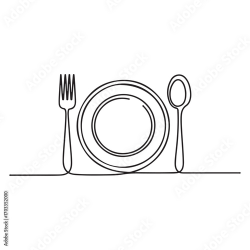 Single continuous line Art drawing stylized plate, fork and spoon for cafe logo label. Emblem elegant restaurant concept. with white background