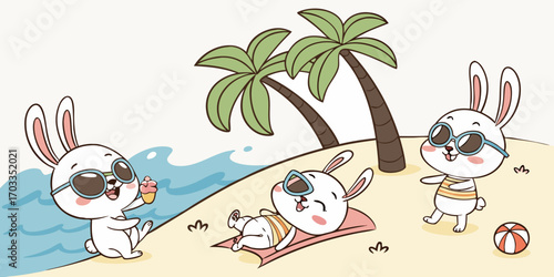 Cute Panda Unicorn Shiba Inu Dog Playing In Beach Summer Season Cartoon Vector Isolated