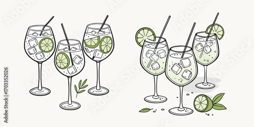 Gin alcoholic cocktail vector vintage watercolor style
