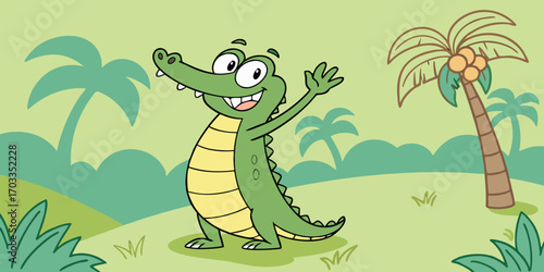 Cute crocodile waving hand cartoon vector icon illustration. animal nature icon concept isolated