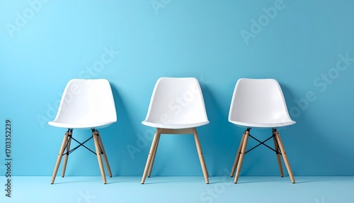 Modern white plastic chair with curved seat and wooden legs supported by black metal crossbars, set against a solid light blue background to highlight minimalist design and contemporary style.