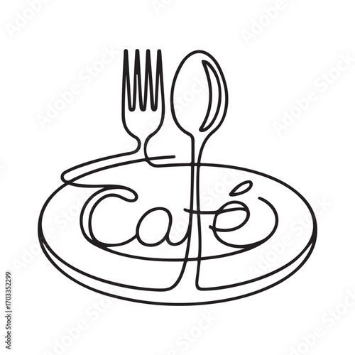 Single continuous line Art drawing stylized plate, fork and spoon for cafe logo label. Emblem elegant restaurant concept. with white background