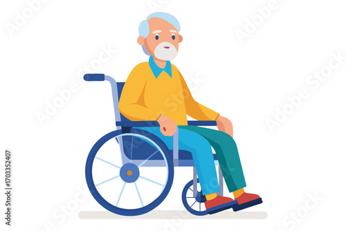 Caucasian senior gentleman wearing yellow sweater sitting in blue wheelchair for mobility assistance
