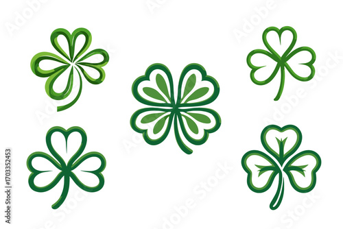 Four-leaf clovers in various designs on white background  