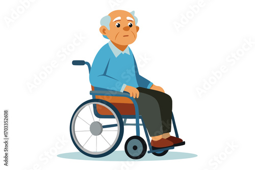 Senior man with pale hair is sitting alone in a wheelchair with blank expression