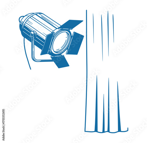 Blue stage spotlight and curtain vector illustration on a bright white background