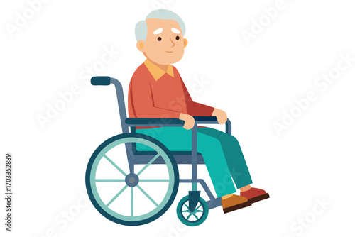 Smiling Caucasian senior man sits thoughtfully in a teal wheelchair while wearing red shirt