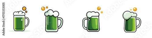 Green beer mugs with foam in different styles for St. Patrick's Day  