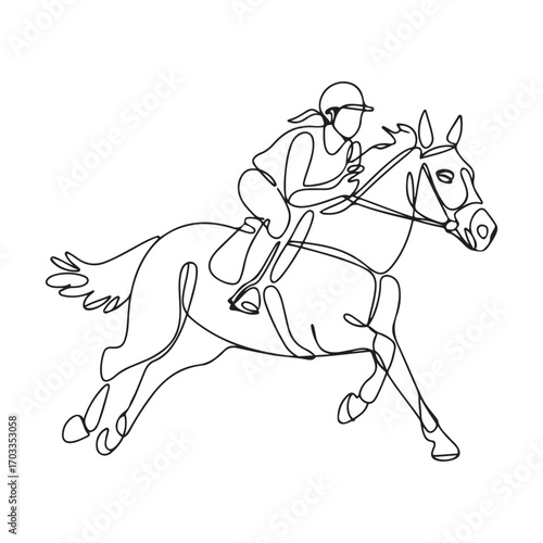 One continuous line Art drawing of young horse rider woman in action. Equine run training at racing track. with white background