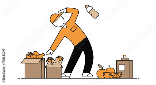 Person packing food and drinks in boxes, with falling water bottle