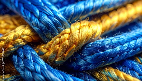 Braided ropes, close-up texture, blue and yellow strands, industrial weave.
