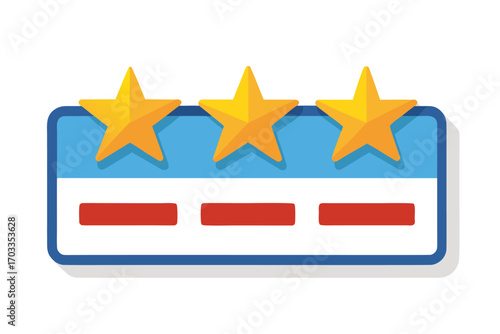 Flat vector illustration of a hand holding a review card with three stars, symbolizing customer feedback, service quality, product rating, client satisfaction, and business credibility. Perfect for we
