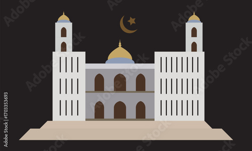 A mosque, for Muslims, featuring a dome and two minarets, with the crescent moon and star symbol for Islamic celebrations, particularly Eid al-Fitr and Eid al-Adha. 