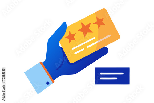 Flat vector illustration of a hand holding a review card with three stars, symbolizing customer feedback, service quality, product rating, client satisfaction, and business credibility. Perfect for we