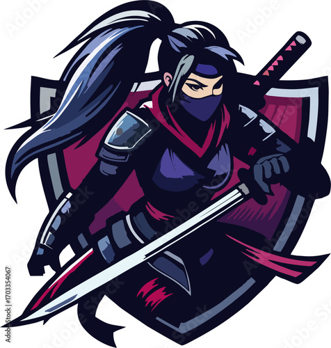 Fierce Armored Female Ninja with Dual Katana and Red Shield Esports Mascot Vector