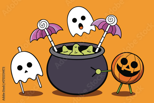 Spooky halloween cauldron overflowing with playful ghost shapes and magical mist