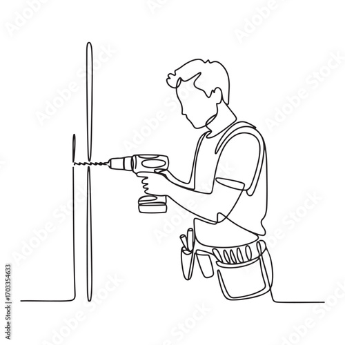One continuous line Art drawing of young handsome handyman drilling wooden wall using drill machine. with white background