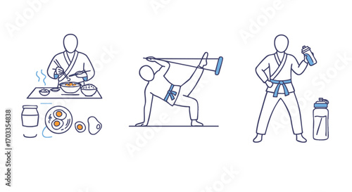 Line Art Icons Showcasing Cooking, Stretching, and Hydration