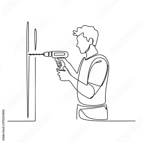 One continuous line Art drawing of young handsome handyman drilling wooden wall using drill machine. with white background