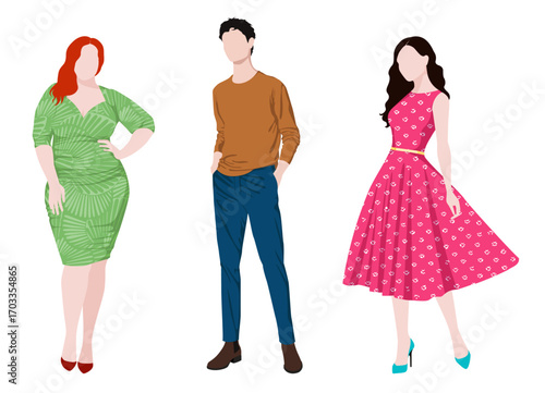 1575_Vector fashion illustration of two young beautiful women of different body types and handsome young man