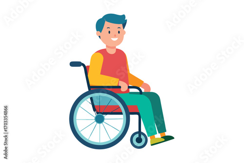 Smiling young Caucasian man with blue hair is sitting in a wheelchair