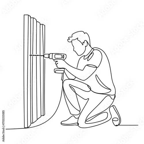 One continuous line Art drawing of young handsome handyman drilling wooden wall using drill machine. with white background